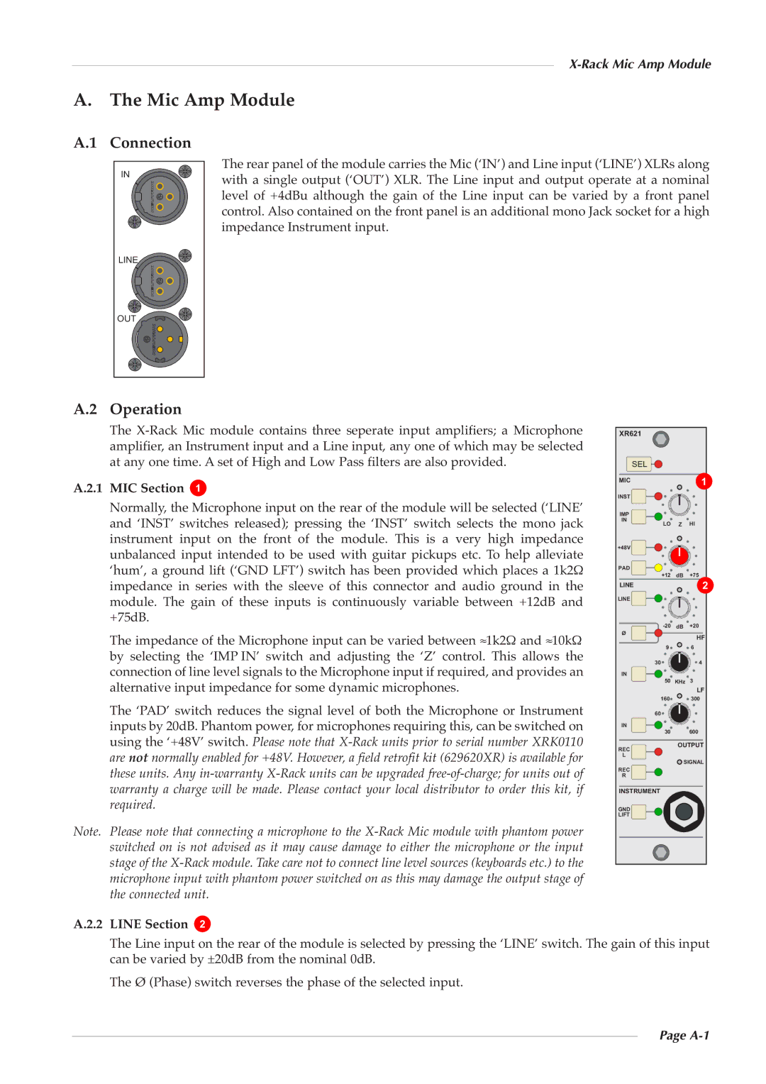 Solid State Logic 82S6XR0A0B owner manual Connection, Operation, Rack Mic Amp Module, A-1 