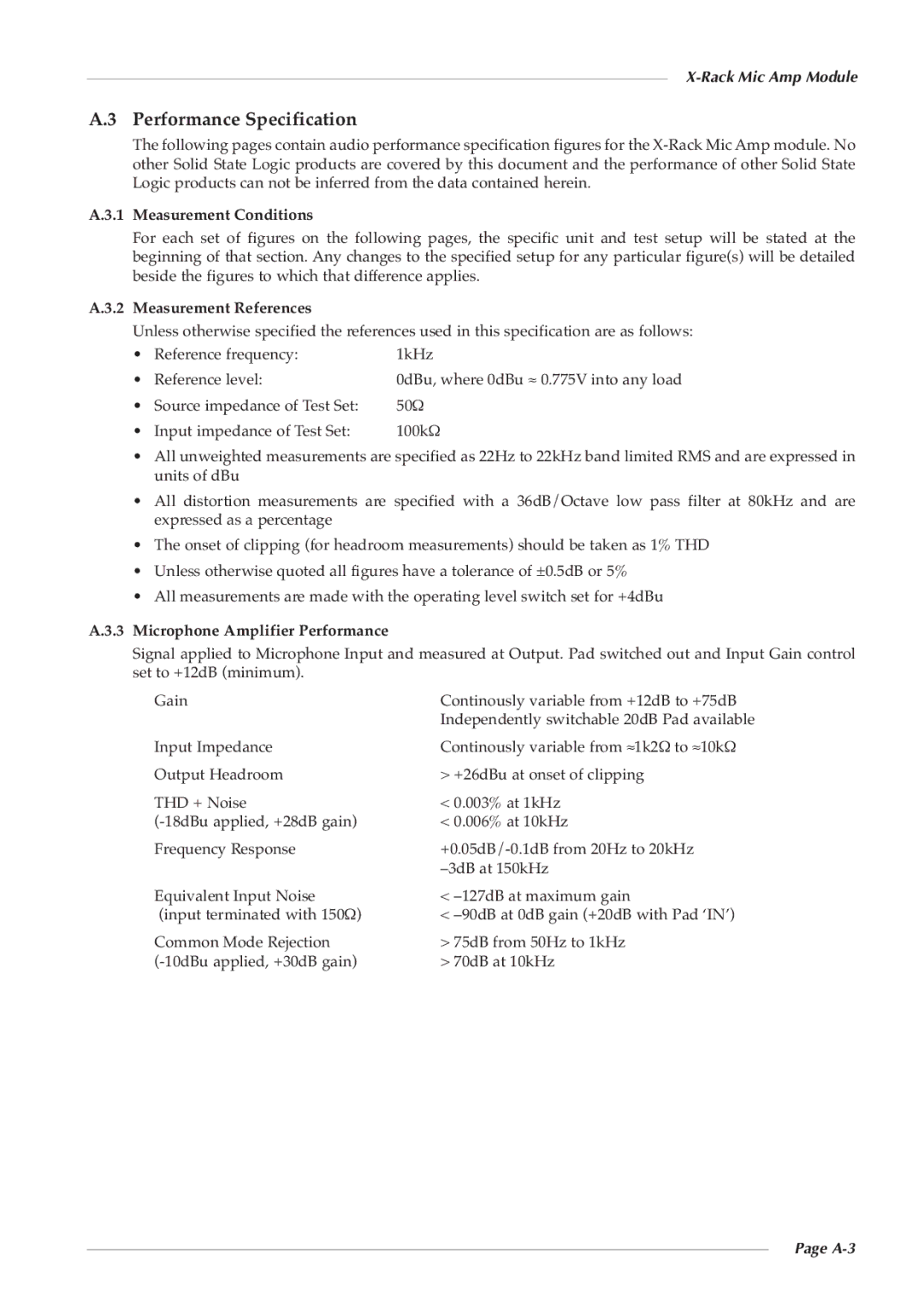 Solid State Logic 82S6XR0A0B owner manual Performance Specification, Measurement Conditions, Measurement References, A-3 