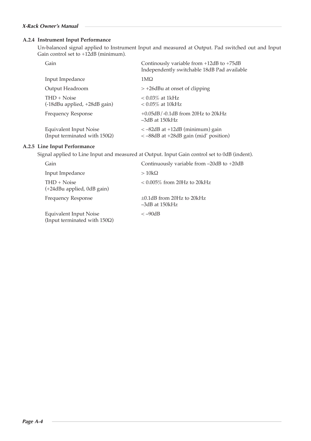 Solid State Logic 82S6XR0A0B owner manual Instrument Input Performance, Line Input Performance, A-4 