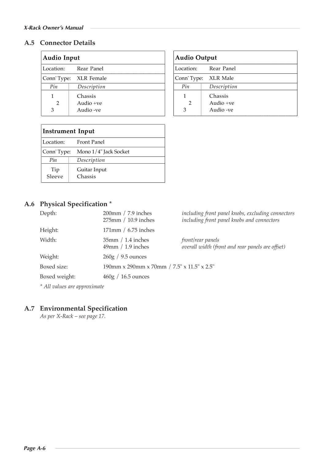 Solid State Logic 82S6XR0A0B owner manual Connector Details, Physical Specification, Environmental Specification, A-6 