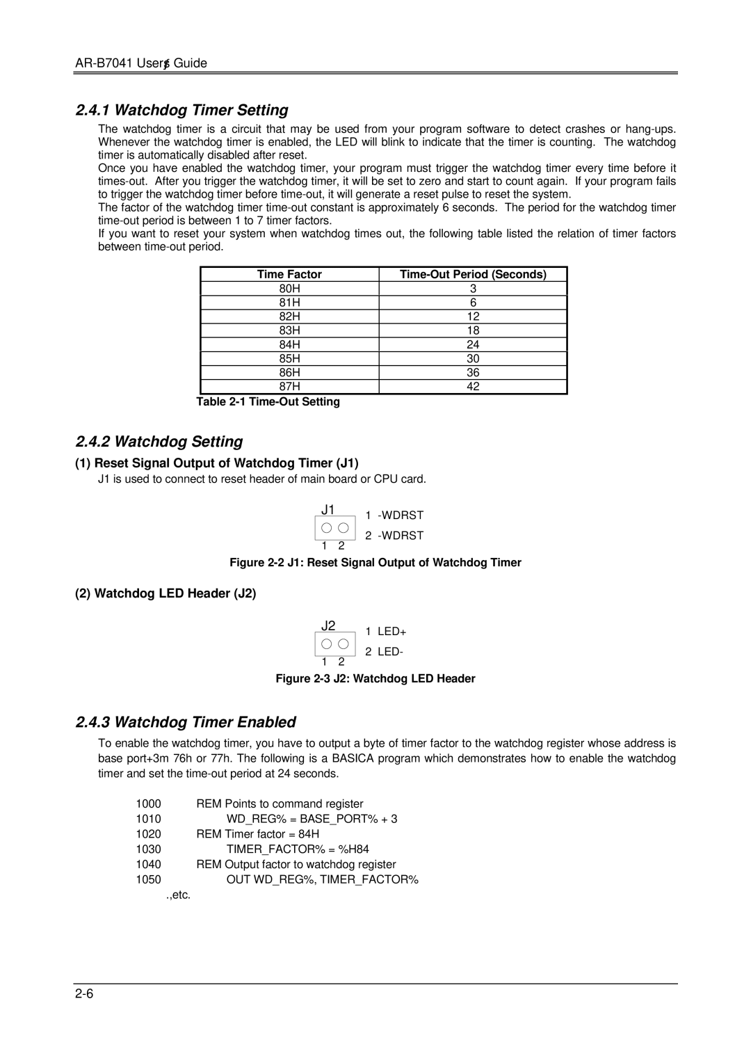 Solid State Logic AR-B7041 manual Watchdog Timer Setting, Watchdog Setting, Watchdog Timer Enabled, Watchdog LED Header J2 