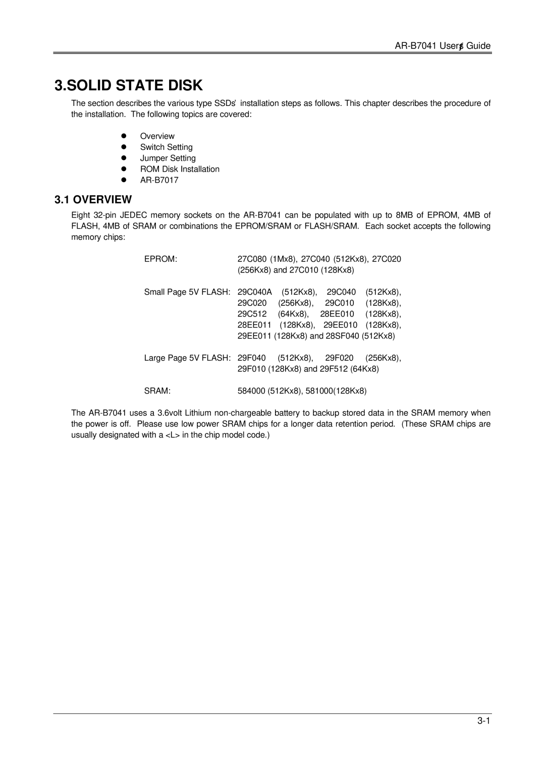 Solid State Logic AR-B7041 manual Solid State Disk, Eprom 