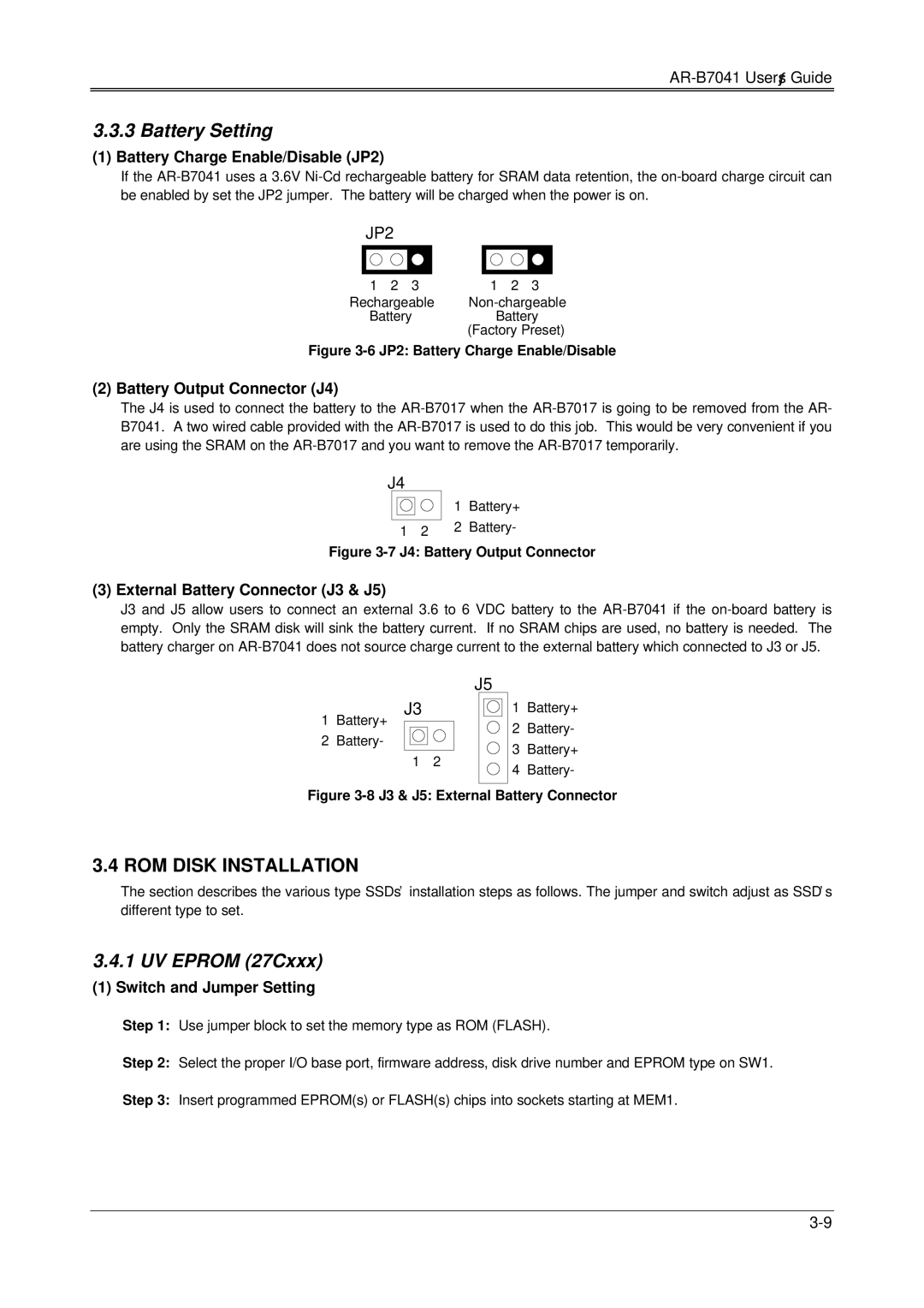 Solid State Logic AR-B7041 manual Battery Setting, ROM Disk Installation, UV Eprom 27Cxxx 