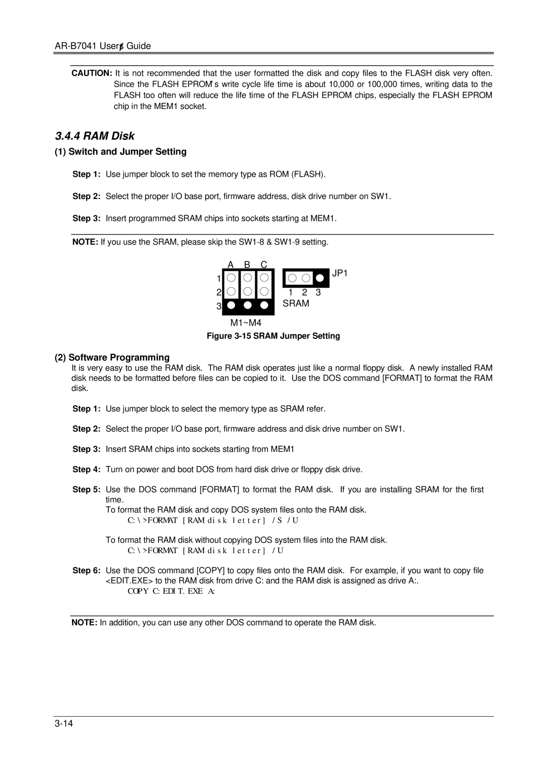 Solid State Logic AR-B7041 manual RAM Disk, Sram Jumper Setting 