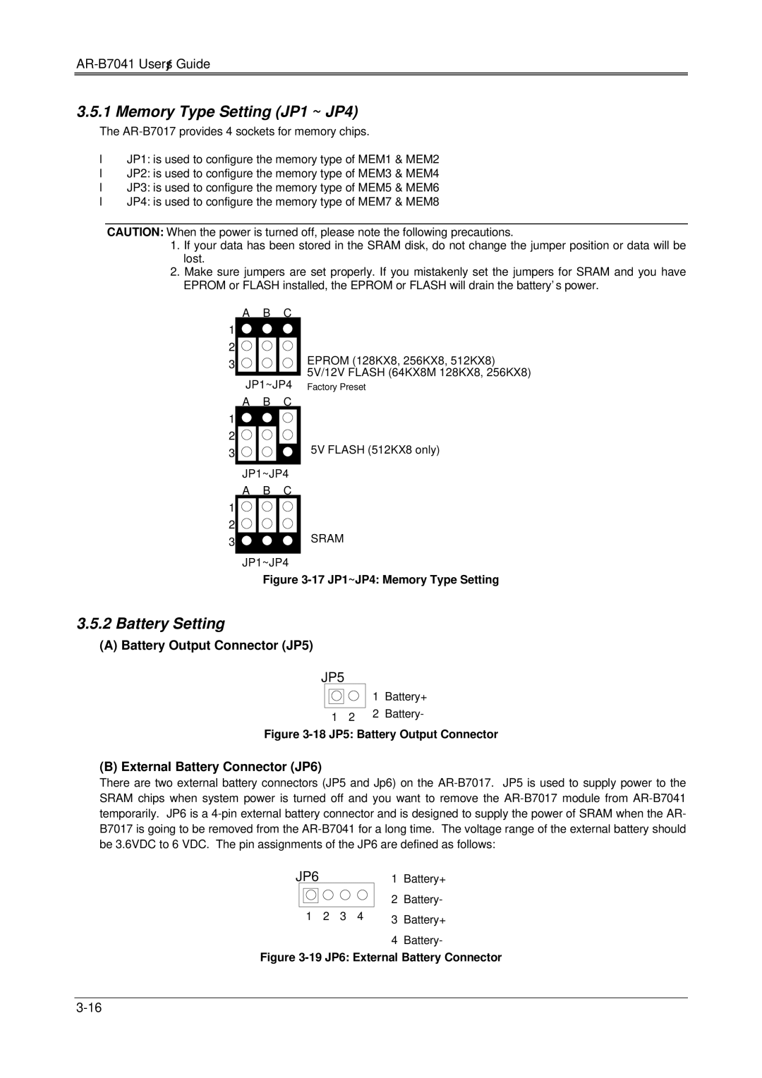 Solid State Logic AR-B7041 Memory Type Setting JP1 ~ JP4, Battery Output Connector JP5, External Battery Connector JP6 