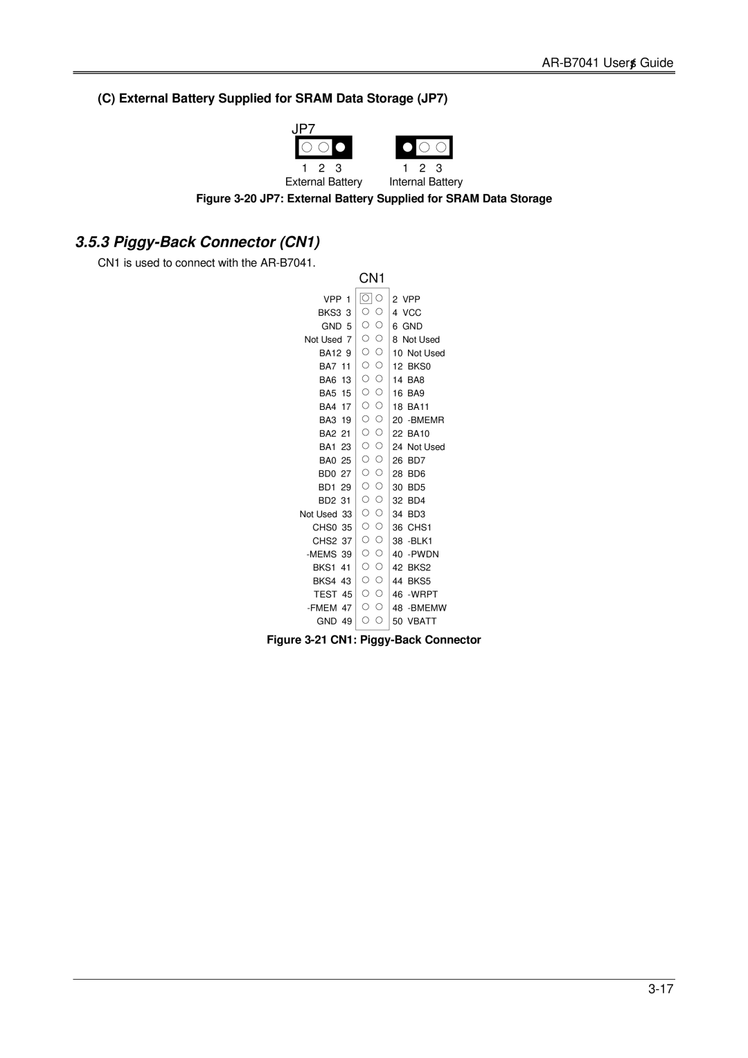 Solid State Logic AR-B7041 manual Piggy-Back Connector CN1, External Battery Supplied for Sram Data Storage JP7 