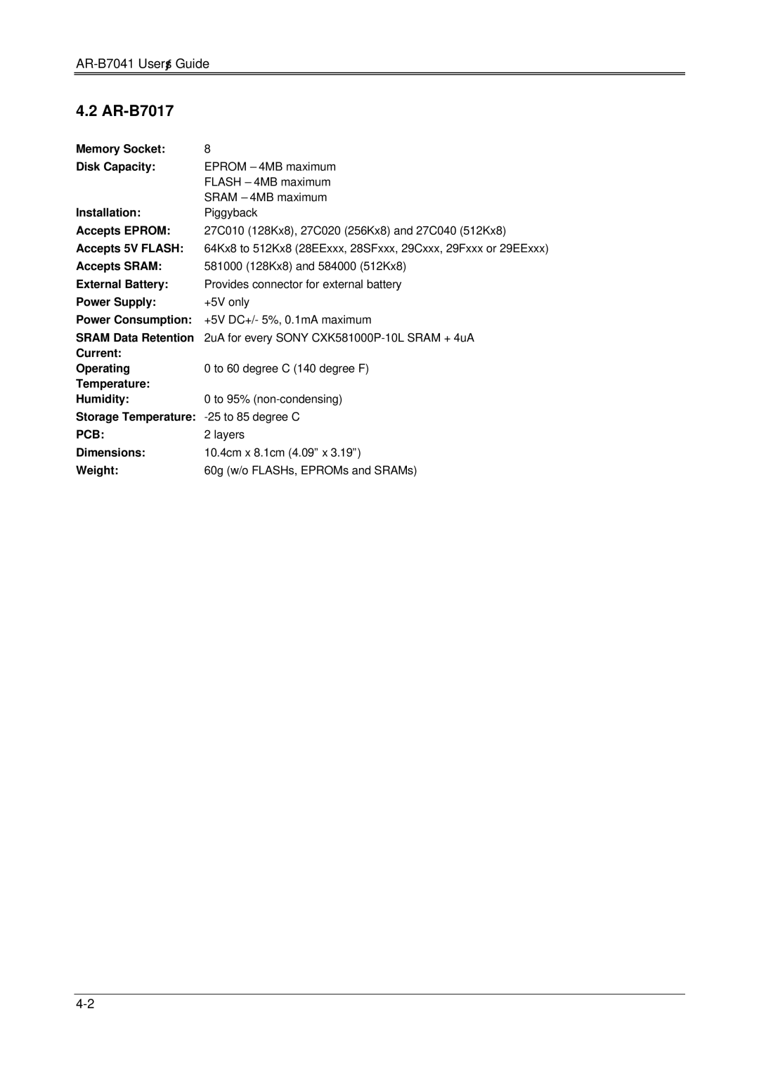 Solid State Logic AR-B7041 manual Installation, Accepts Eprom, Accepts 5V Flash, Accepts Sram, Sram Data Retention 