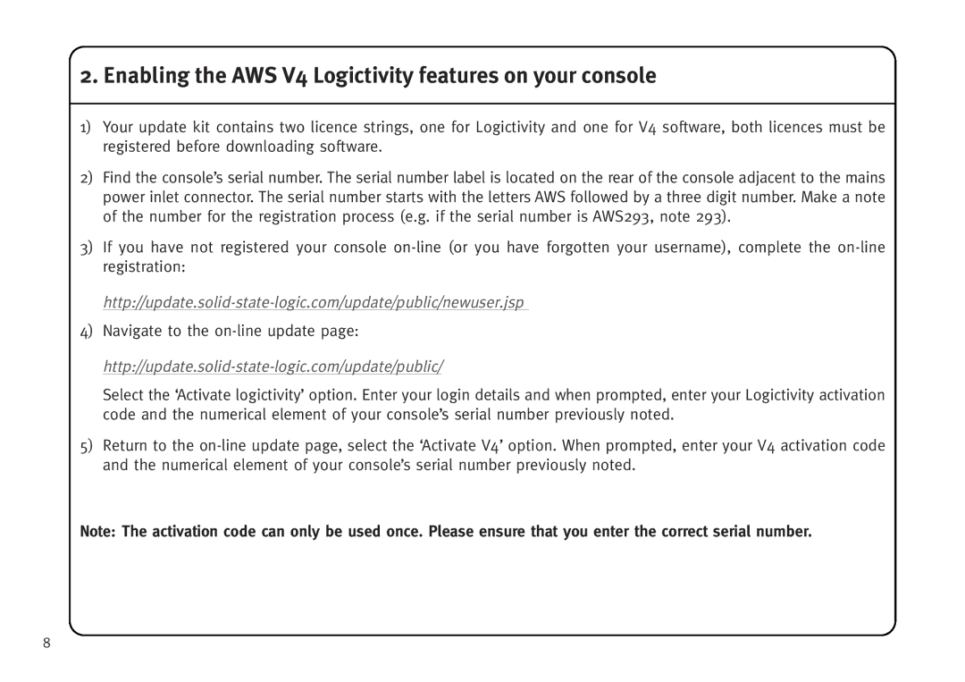 Solid State Logic manual Enabling the AWS V4 Logictivity features on your console 