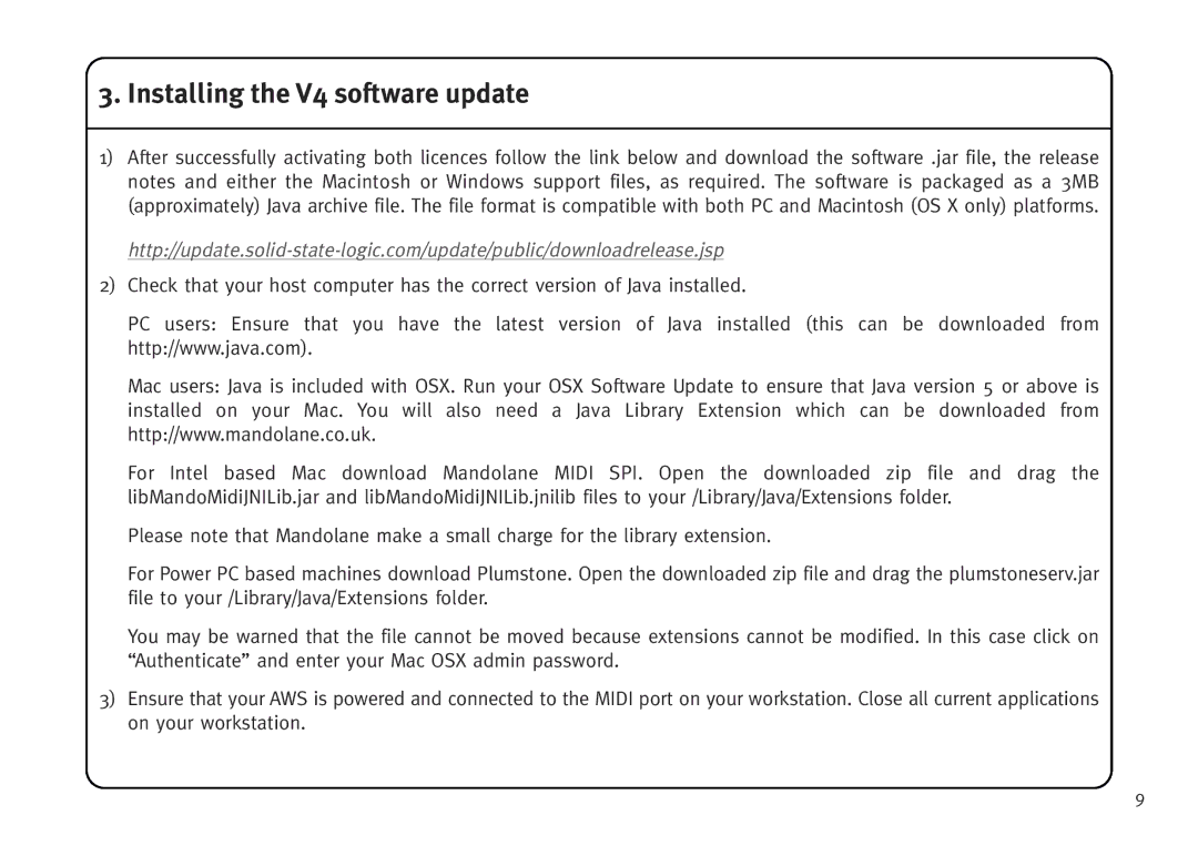 Solid State Logic AWS V4 manual Installing the V4 software update 