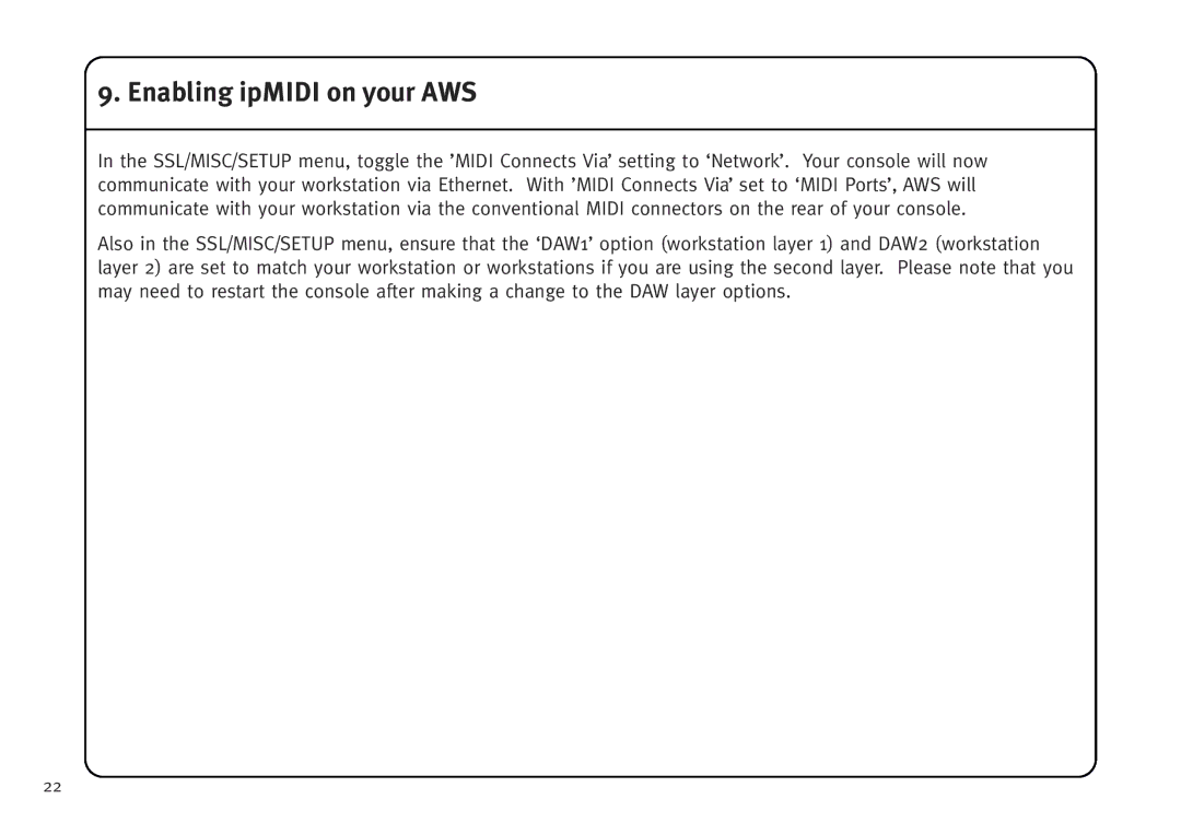 Solid State Logic AWS V4 manual Enabling ipMIDI on your AWS 