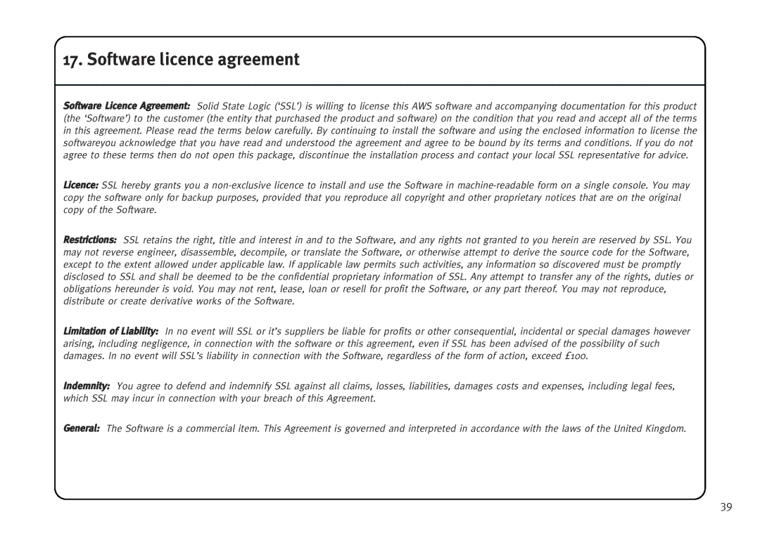 Solid State Logic AWS V4 manual Software licence agreement 