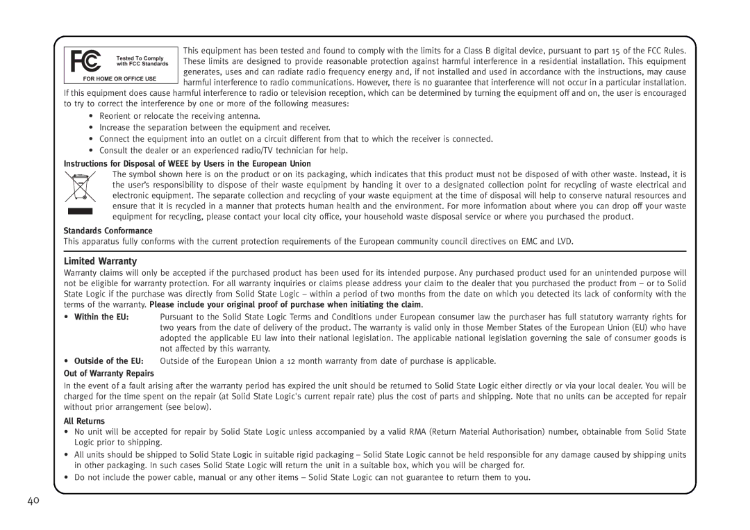 Solid State Logic AWS V4 manual Limited Warranty 