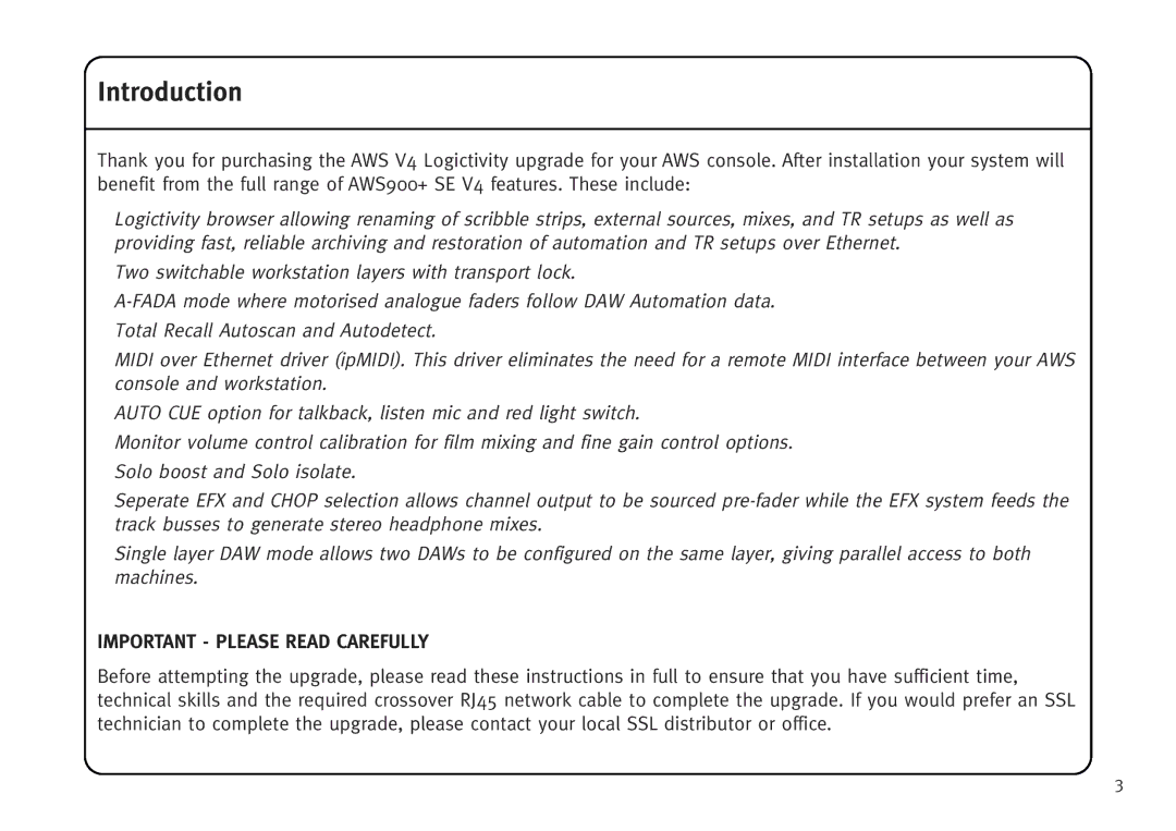 Solid State Logic AWS V4 manual Introduction, Important Please Read Carefully 