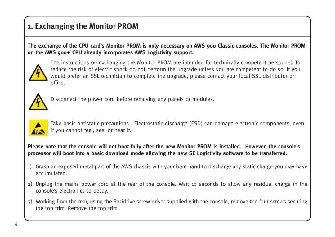 Solid State Logic AWS V4 manual Exchanging the Monitor Prom 