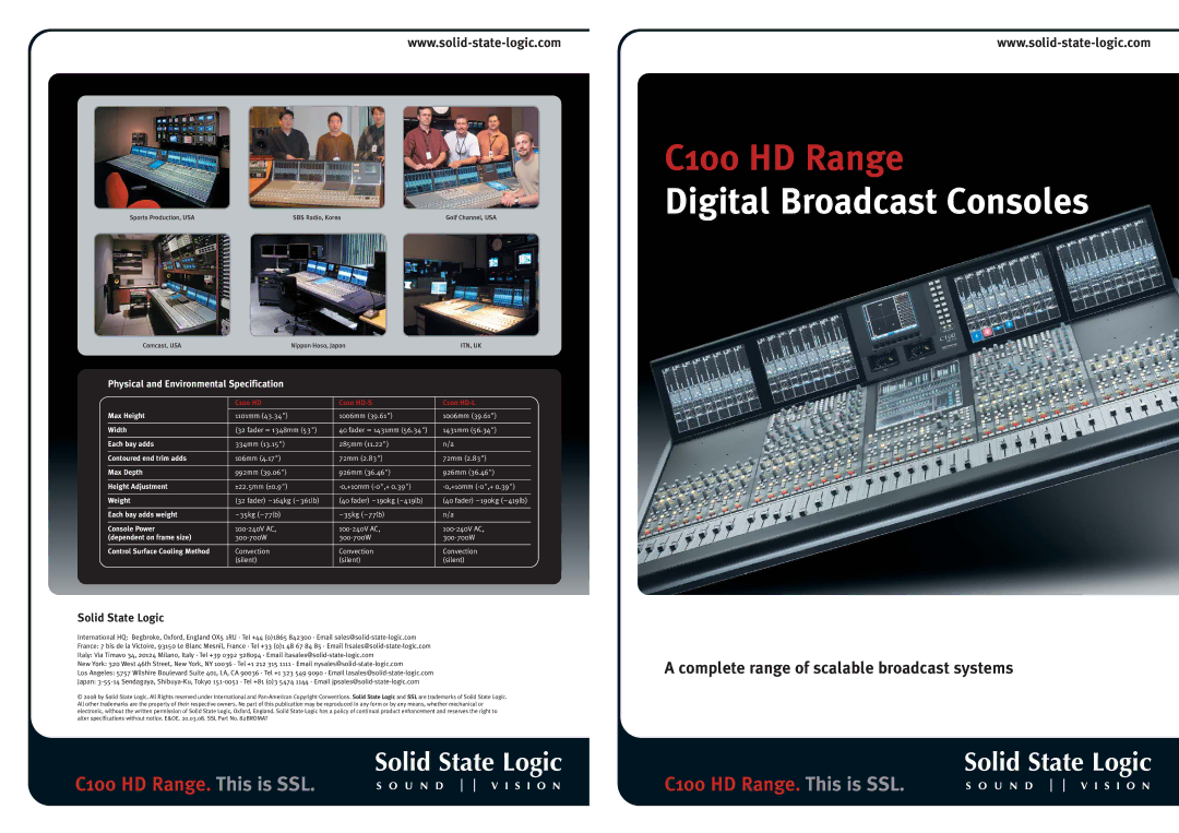 Solid State Logic C100 HD Range specifications Solid State Logic, Physical and Environmental Specification 