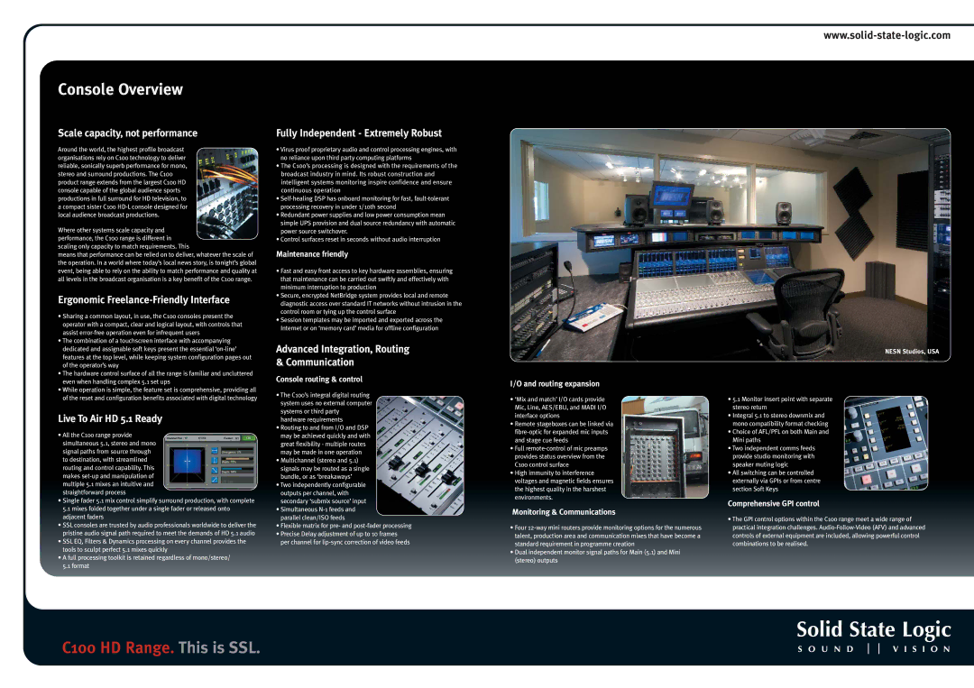 Solid State Logic C100 HD Range specifications Intuitive Touchscreen Control Console Overview 