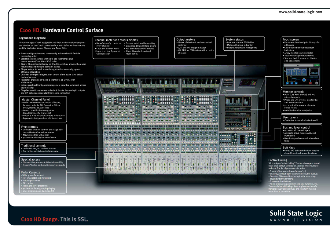 Solid State Logic C100 HD Range specifications C100 HD. Hardware Control Surface 