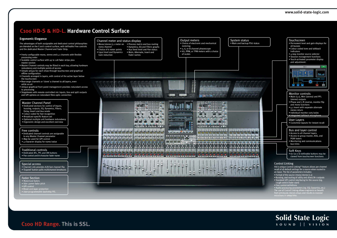 Solid State Logic C100 HD Range specifications C100 HD-S & HD-L.Hardware Control Surface, Fader Section 