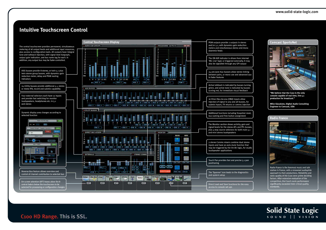 Solid State Logic C100 HD Range specifications Intuitive Touchscreen Control, Comcast SportsNet, Radio France 