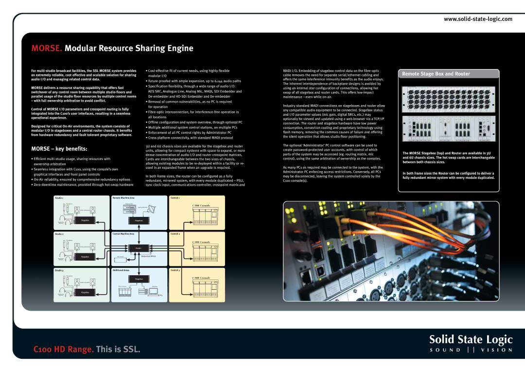 Solid State Logic C100 HD Range specifications Morse key benefits, Remote Stage Box and Router 