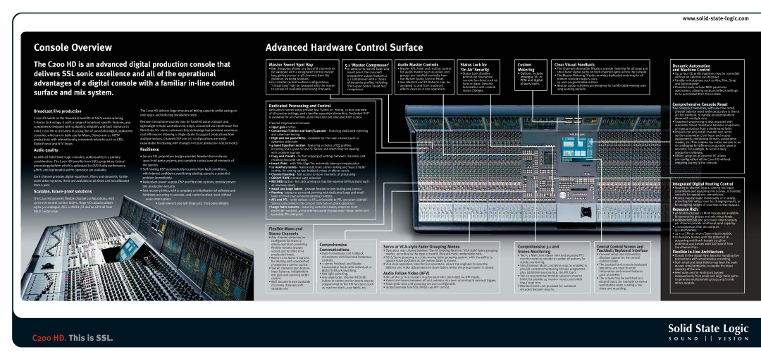 Solid State Logic C200 HD manual Console Overview, Advanced Hardware Control Surface 