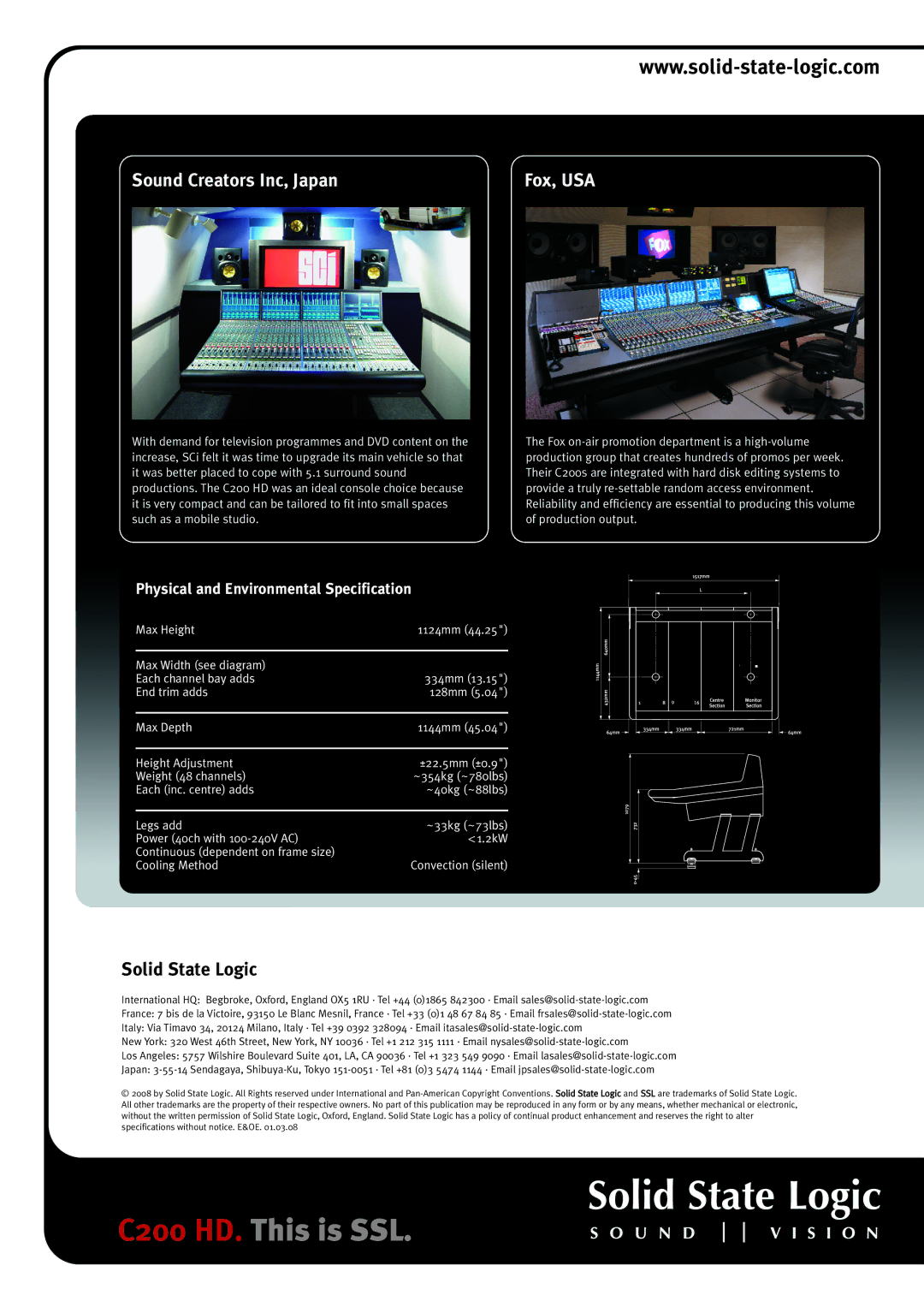 Solid State Logic C200 HD manual Fox, USA, Physical and Environmental Specification 