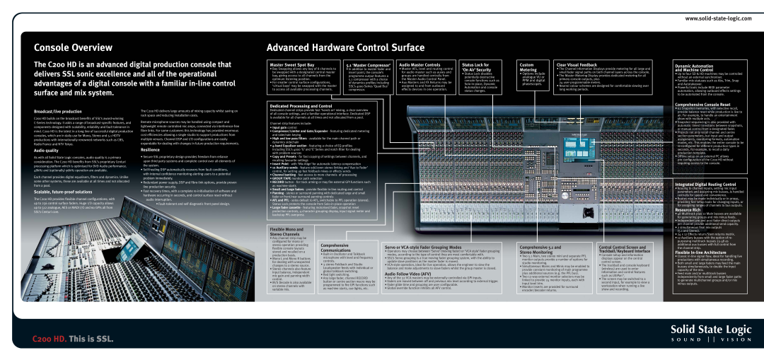 Solid State Logic Console Overview, Advanced Hardware Control Surface, C200 HD. This is SSL, Audio Follow Video AFV 
