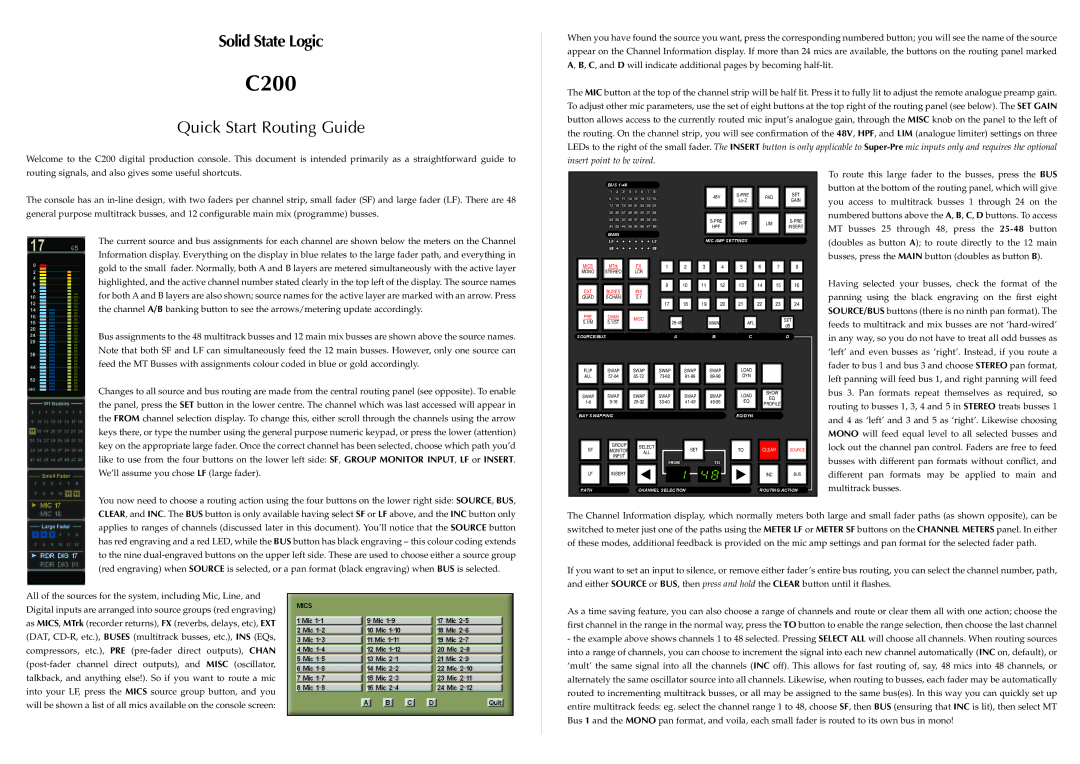 Solid State Logic C200 quick start Quick Start Routing Guide 