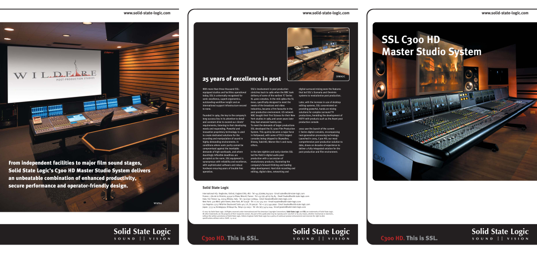 Solid State Logic specifications C300 HD. This is SSL, SSL C300 HD Master Studio System, years of excellence in post 