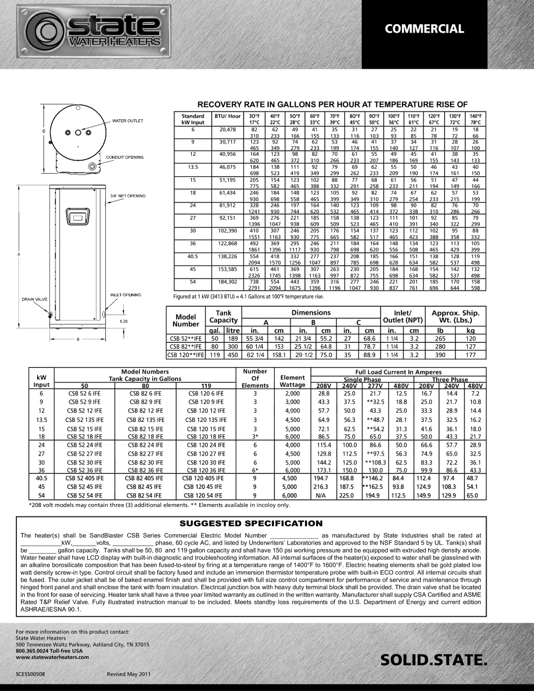 Solid State Logic CSB 120 Recovery Rate in Gallons PER Hour AT Temperature Rise, Suggested Specification, Gal Litre 