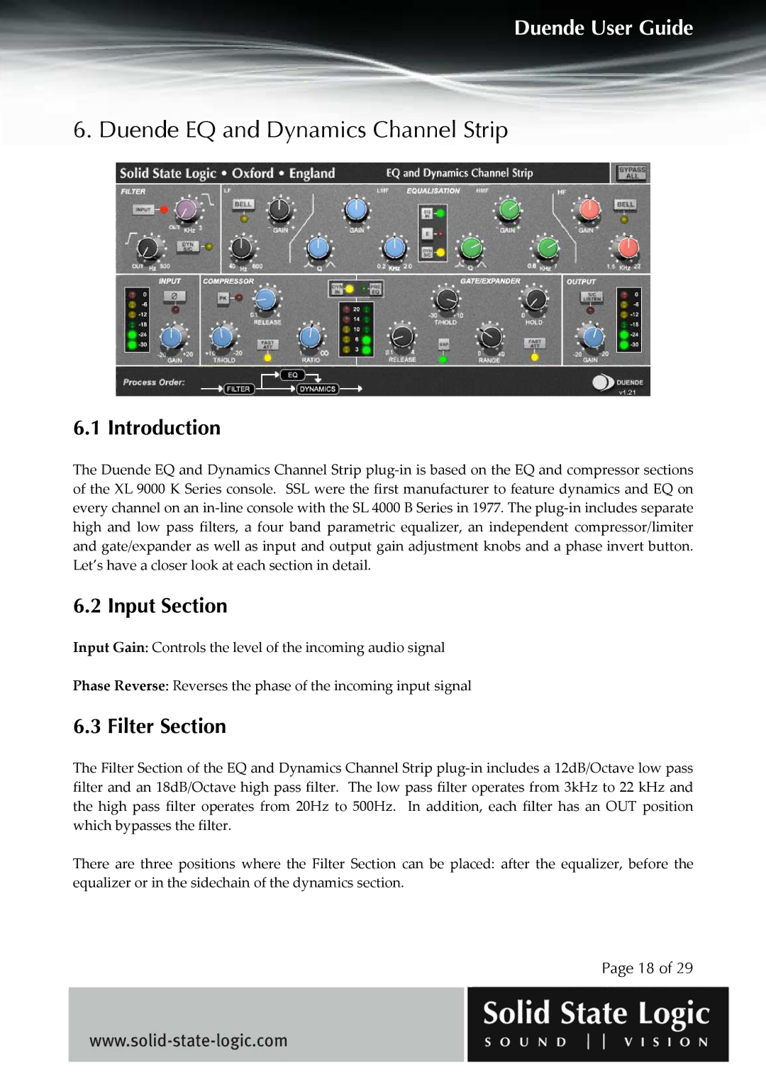 Solid State Logic DUENDE manual Duende EQ and Dynamics Channel Strip, Introduction, Input Section, Filter Section 