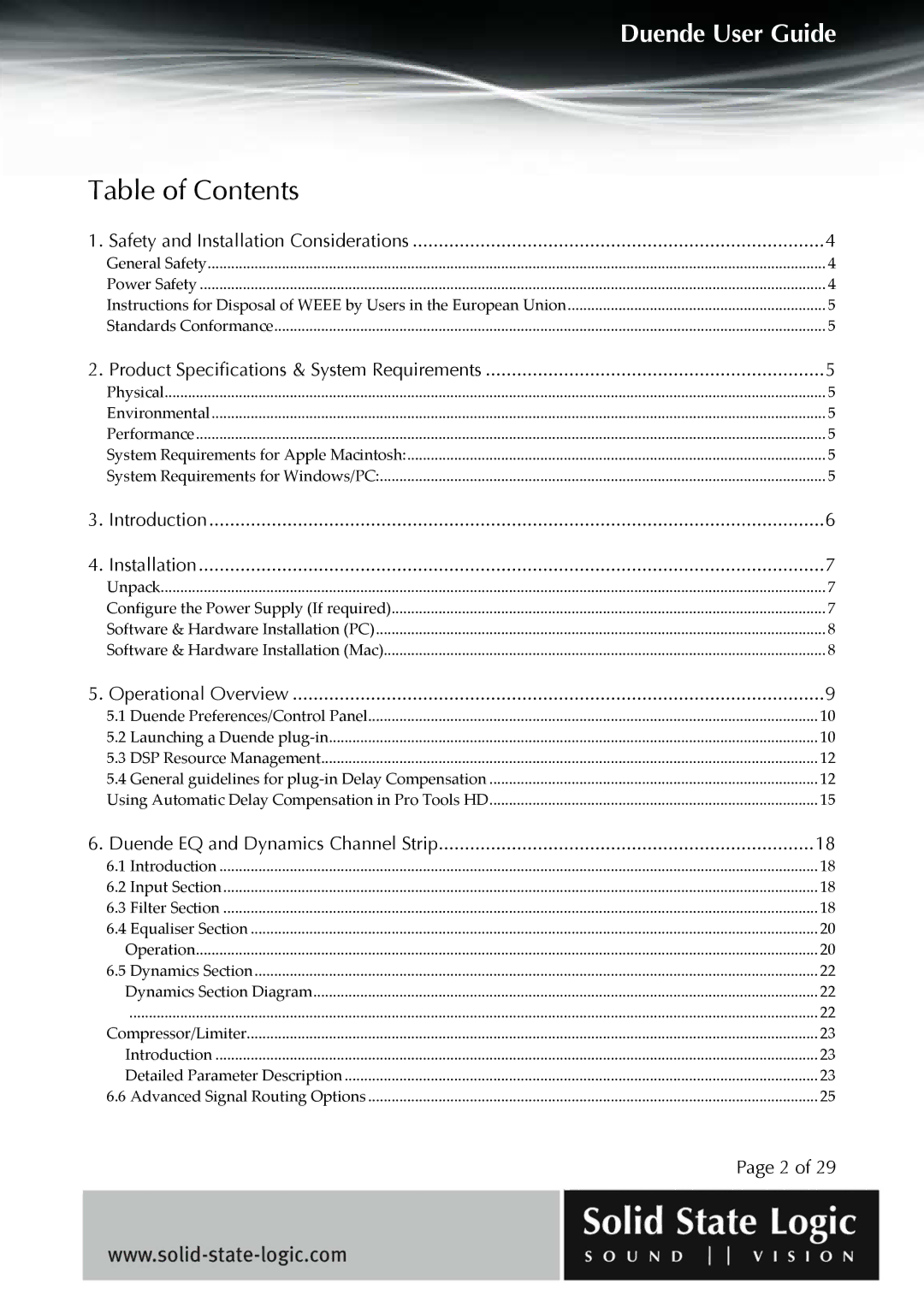 Solid State Logic DUENDE manual Table of Contents 