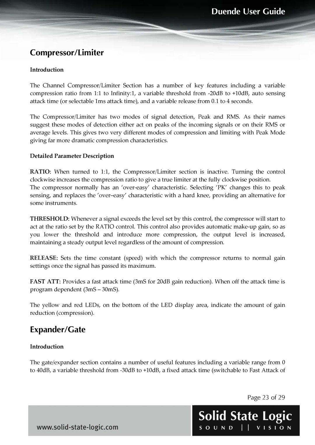 Solid State Logic DUENDE manual Compressor/Limiter, Expander/Gate 