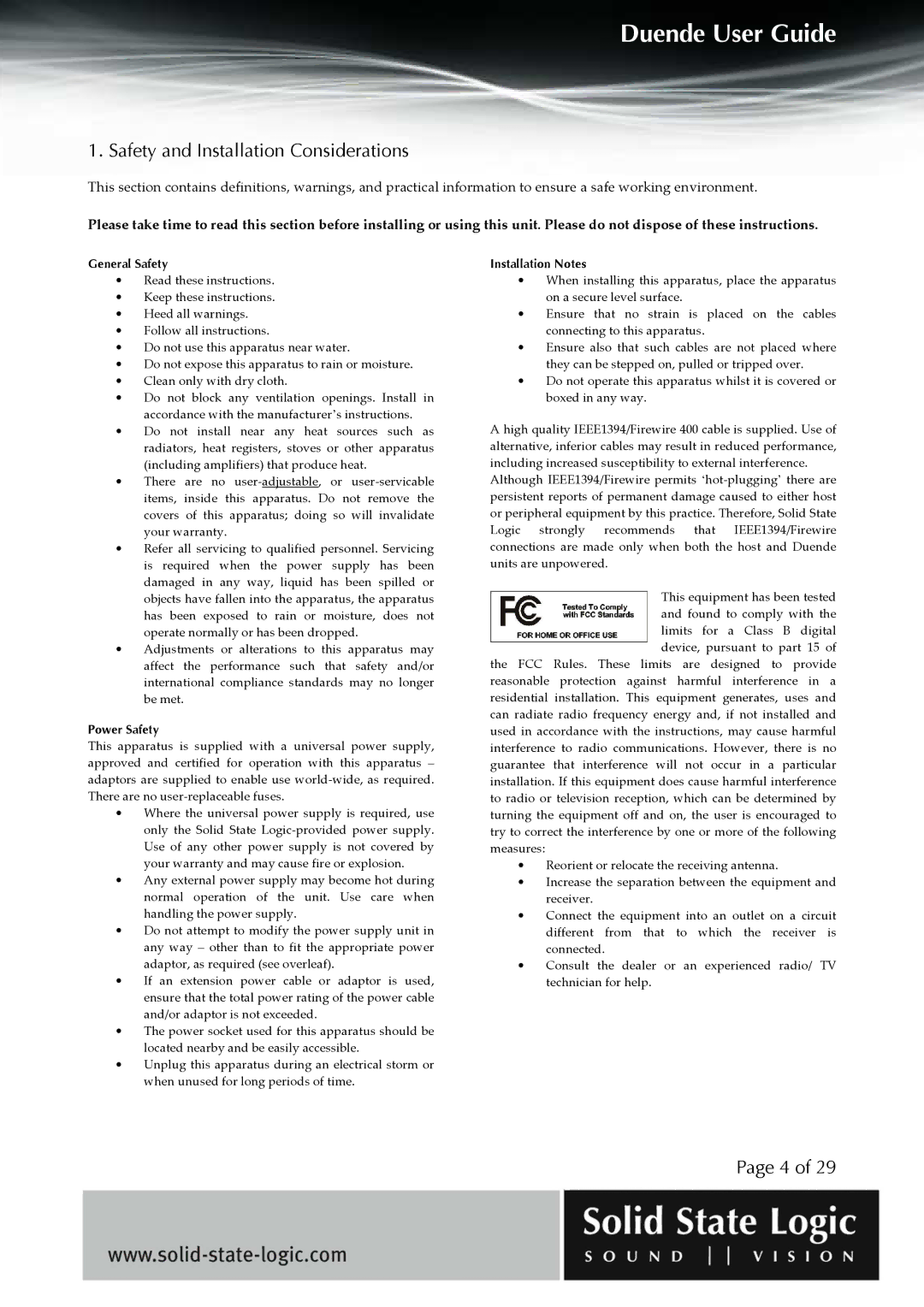 Solid State Logic DUENDE manual Safety and Installation Considerations 