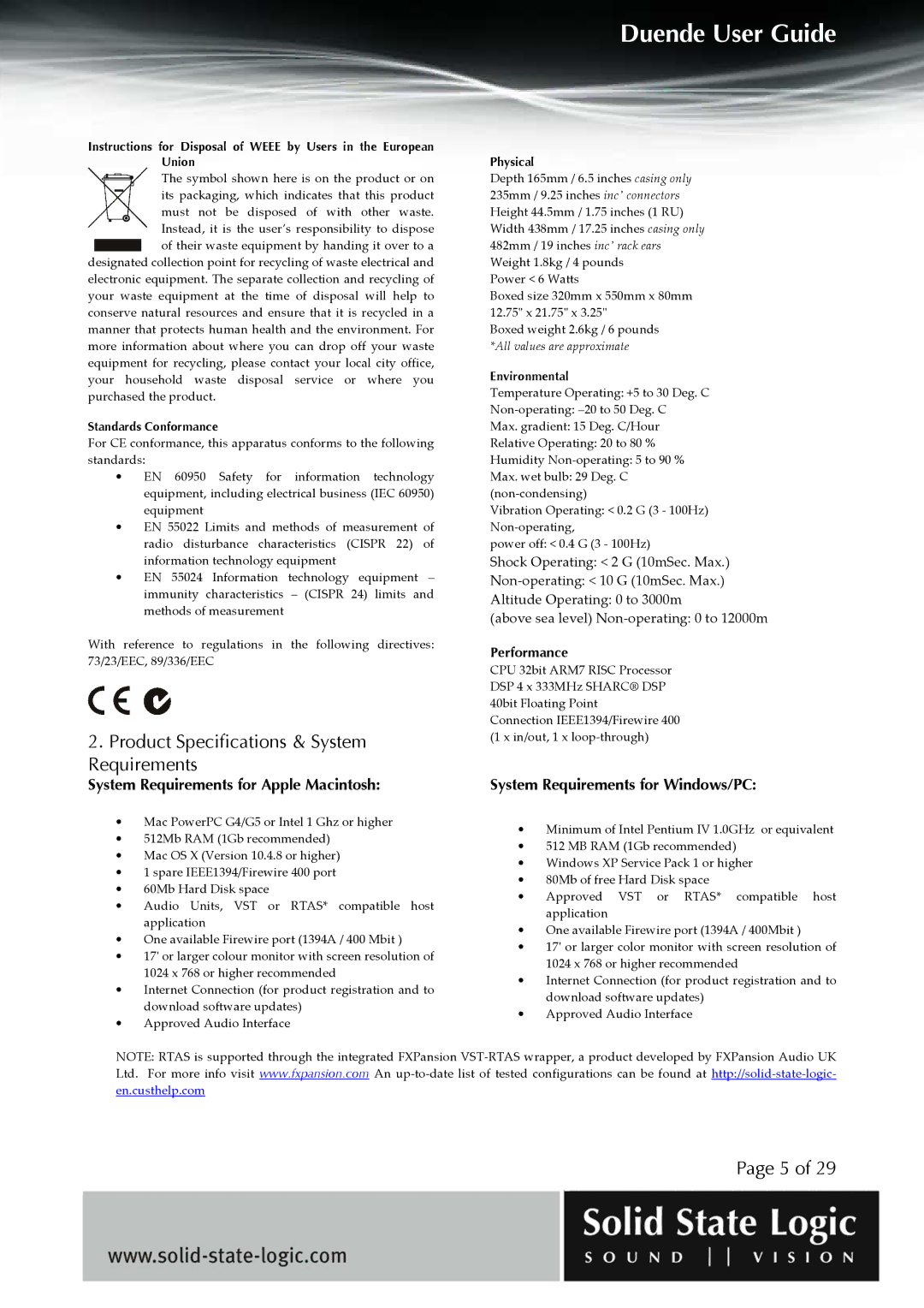 Solid State Logic DUENDE manual Product Specifications & System Requirements 