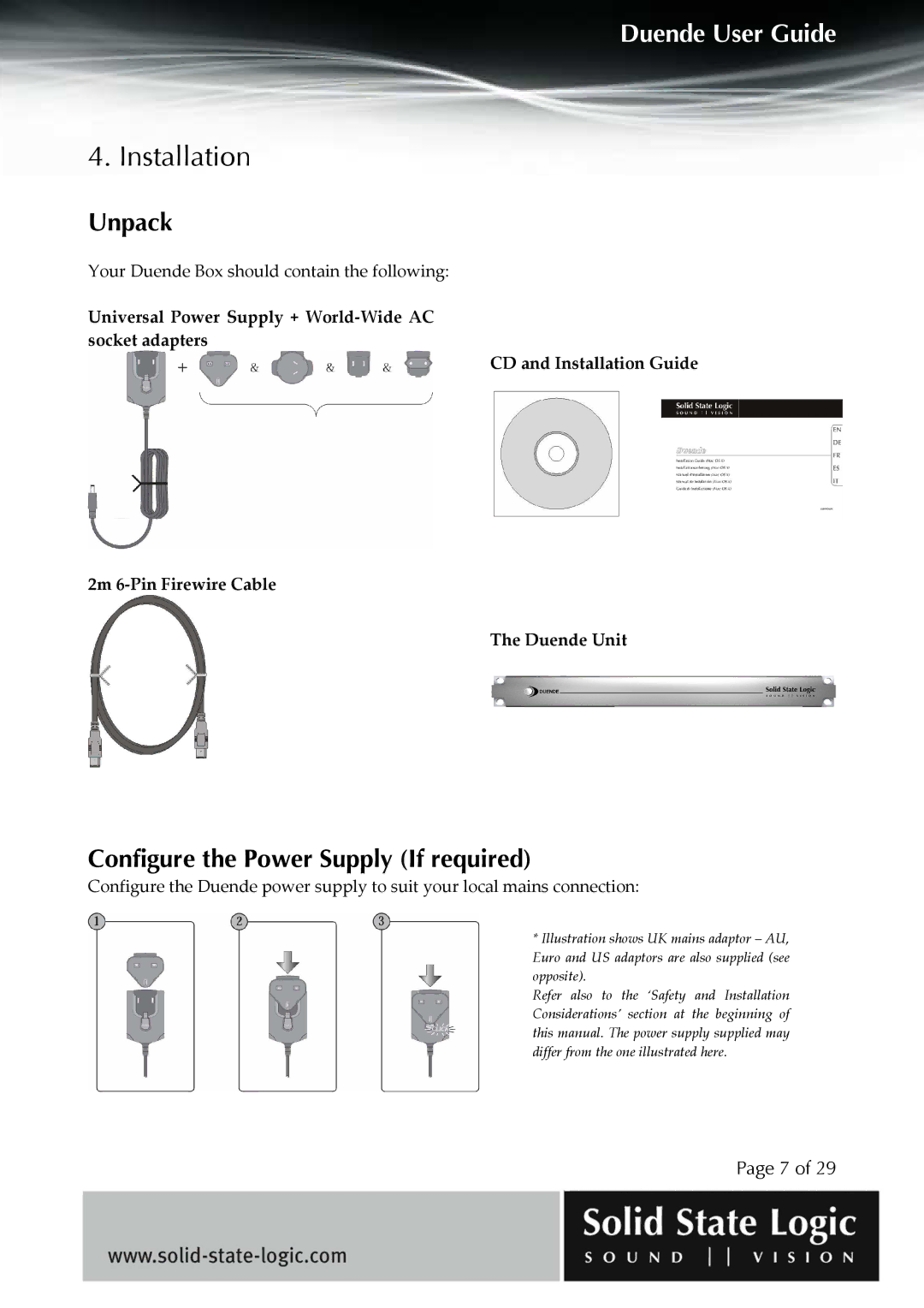 Solid State Logic DUENDE manual Installation, Unpack, Configure the Power Supply If required 