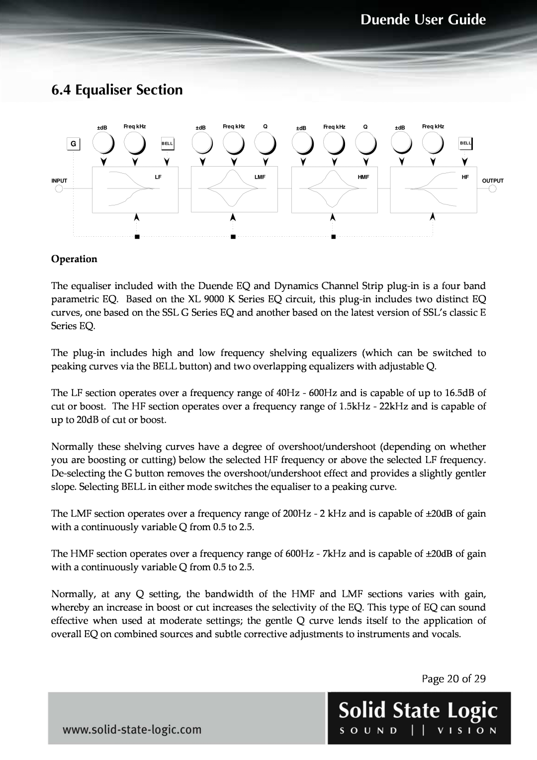 Solid State Logic DUENDE manual Equaliser Section, Page 20 of, Duende User Guide 