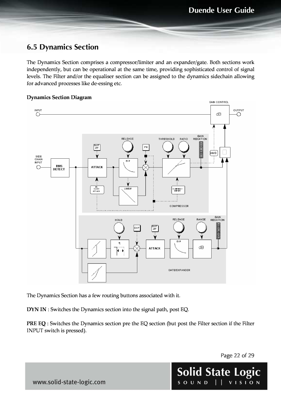 Solid State Logic DUENDE manual Dynamics Section, Page 22 of, Duende User Guide 