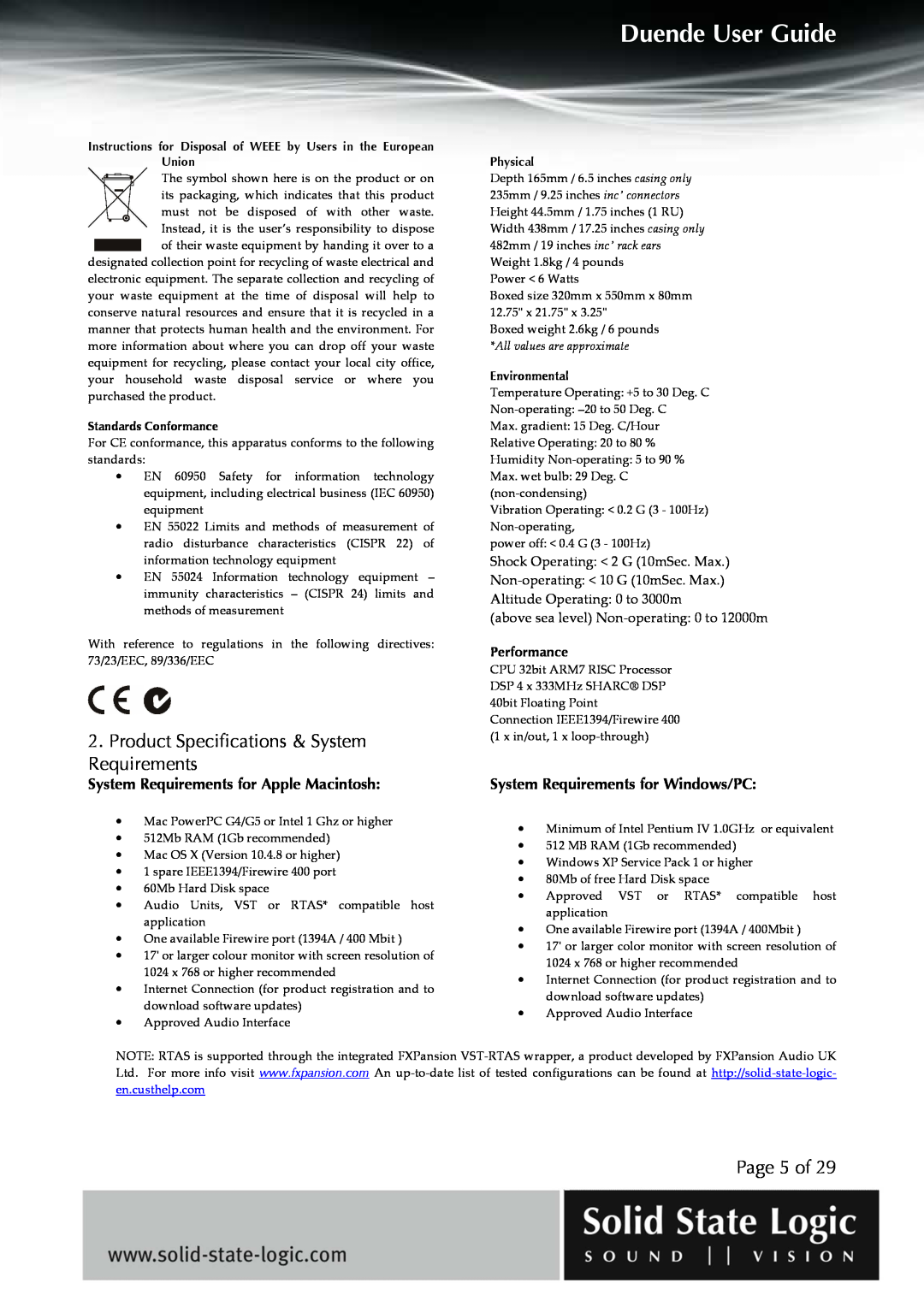 Solid State Logic DUENDE manual Product Specifications & System Requirements, Page 5 of, Duende User Guide, Performance 