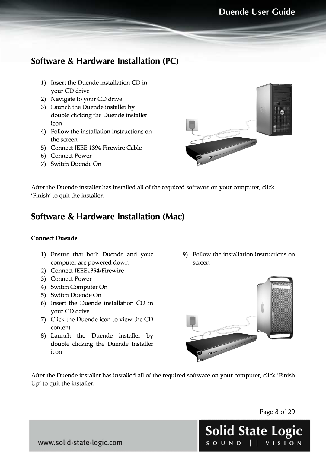 Solid State Logic DUENDE manual Software & Hardware Installation PC, Software & Hardware Installation Mac, Page 8 of 