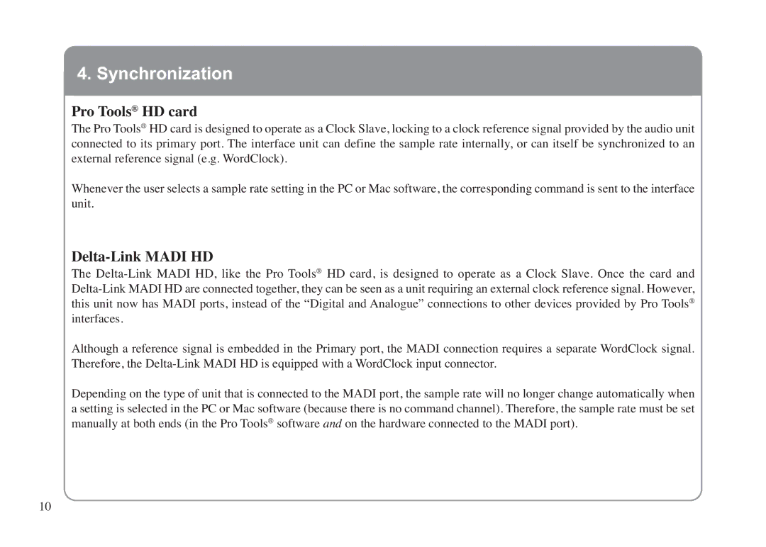 Solid State Logic LINK MADI HD manual Synchronization Pro Tools HD card, Delta-Link Madi HD 