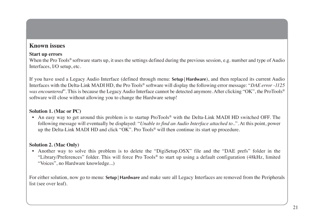 Solid State Logic LINK MADI HD manual Known issues, Start up errors, Solution 1. Mac or PC, Solution 2. Mac Only 