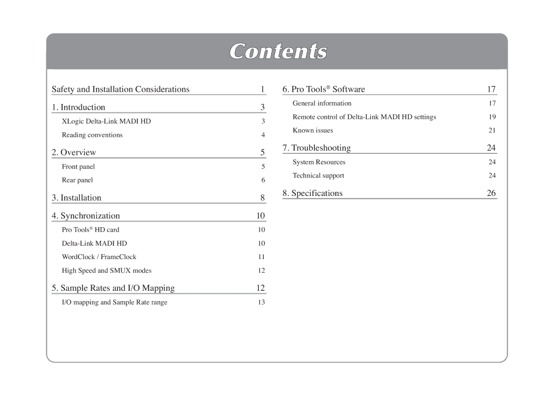 Solid State Logic LINK MADI HD manual Contents 