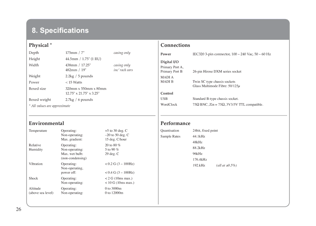 Solid State Logic LINK MADI HD manual Specifications, Connections, Environmental, Performance 