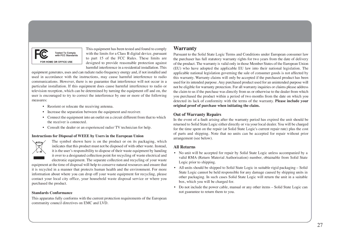 Solid State Logic LINK MADI HD manual Warranty, Standards Conformance 