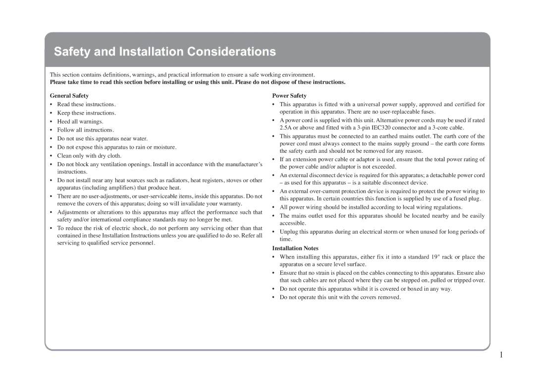 Solid State Logic LINK MADI HD manual Safety and Installation Considerations, General Safety Power Safety 