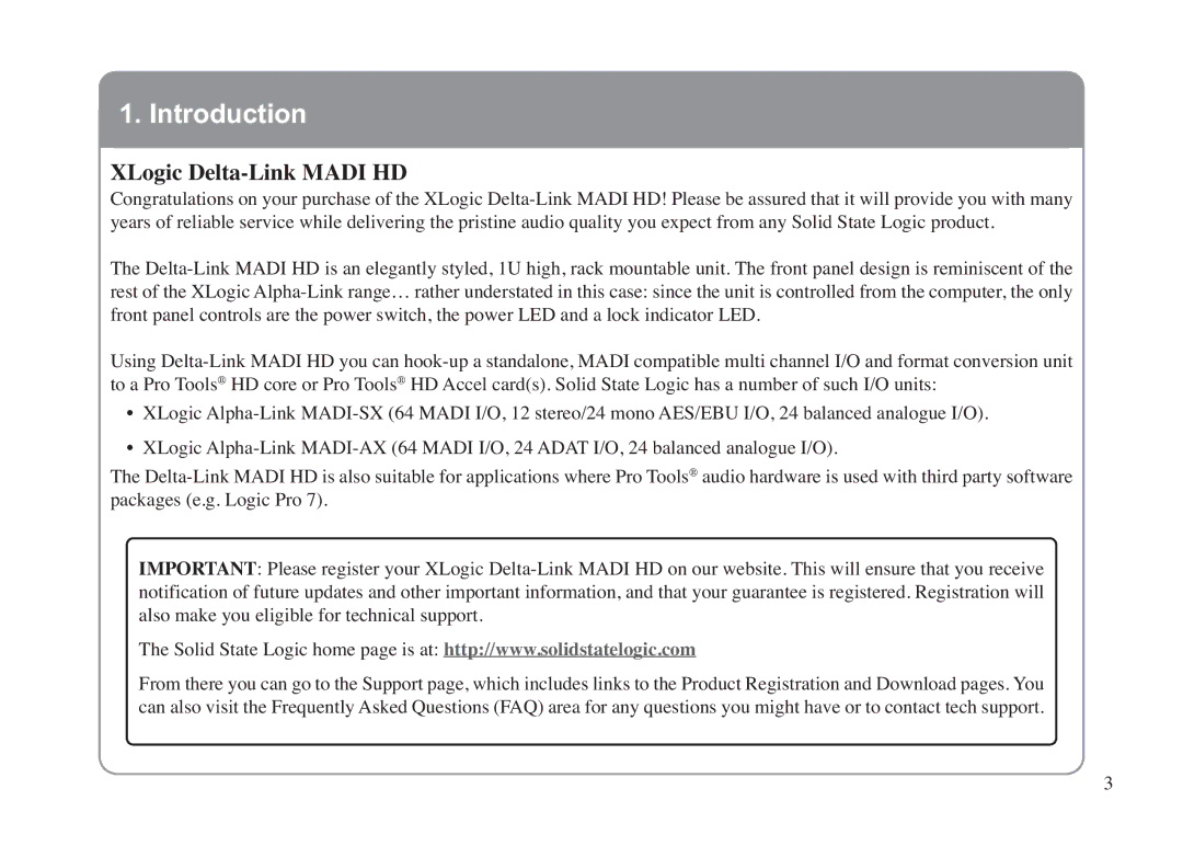 Solid State Logic LINK MADI HD manual Introduction, XLogic Delta-Link Madi HD 