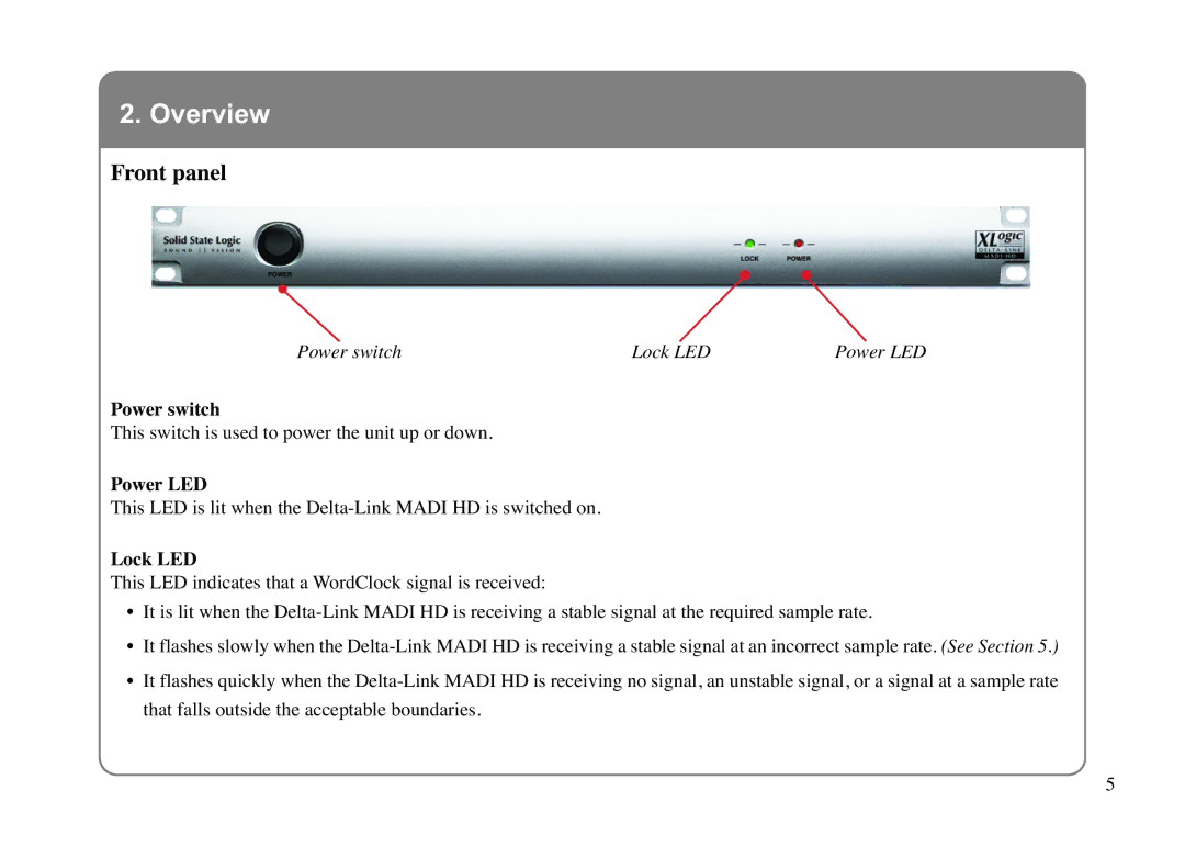 Solid State Logic LINK MADI HD manual Overview Front panel, Power switch, Power LED, Lock LED 