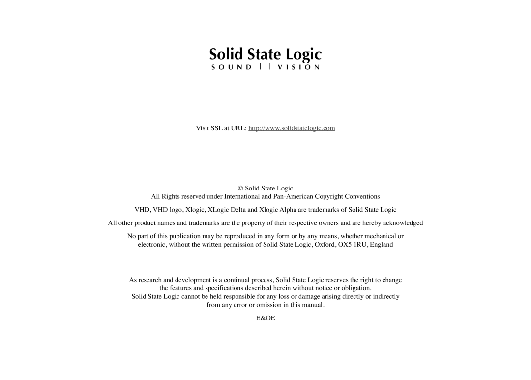 Solid State Logic LINK MADI HD manual Solid State Logic, S O U N D V I S I O N 