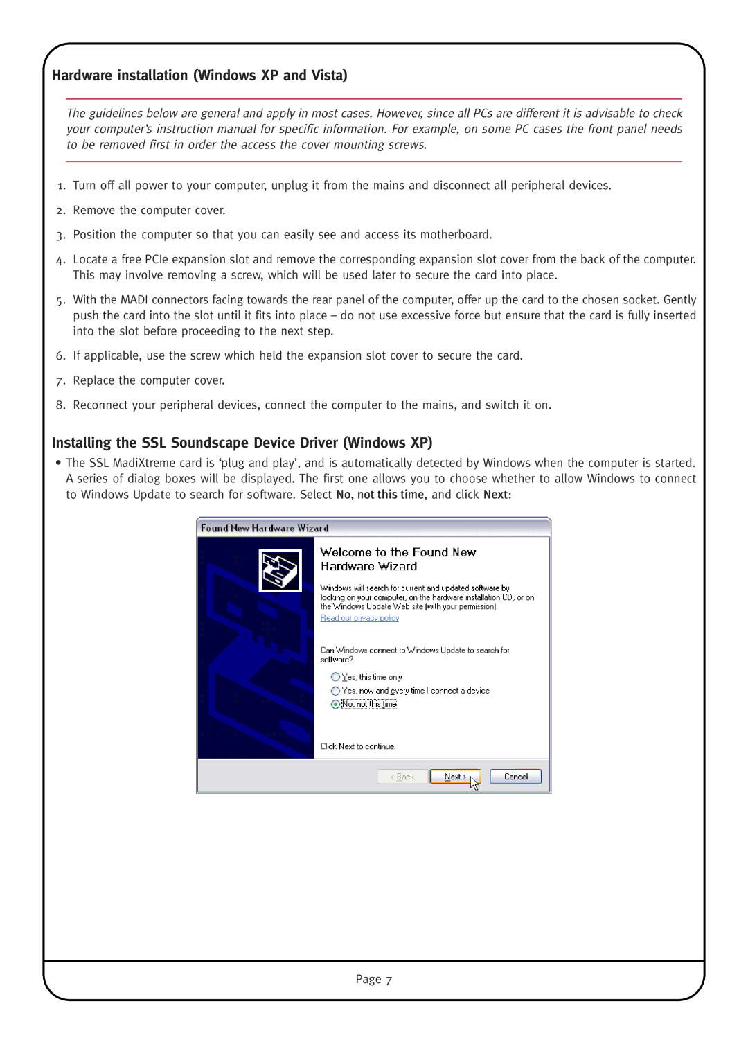 Solid State Logic MadiXtreme manual Hardware installation Windows XP and Vista 